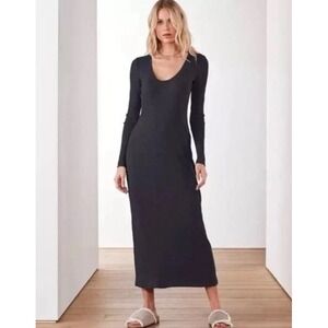 James Perse Ribbed Black Long Sleeve Scoop Neck Midi Dress Size 3 (L)